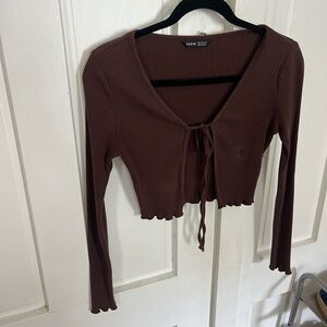 Shein Brown Ribbed Tie-Front Top